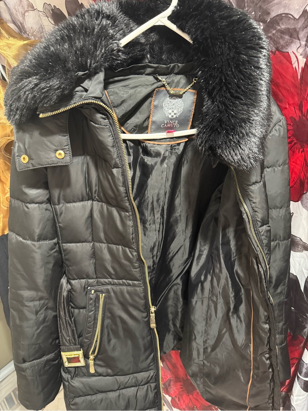 Vince Camuto Black Quilted Puffer Coat with Faux-Fur Collar and Gold Hardware